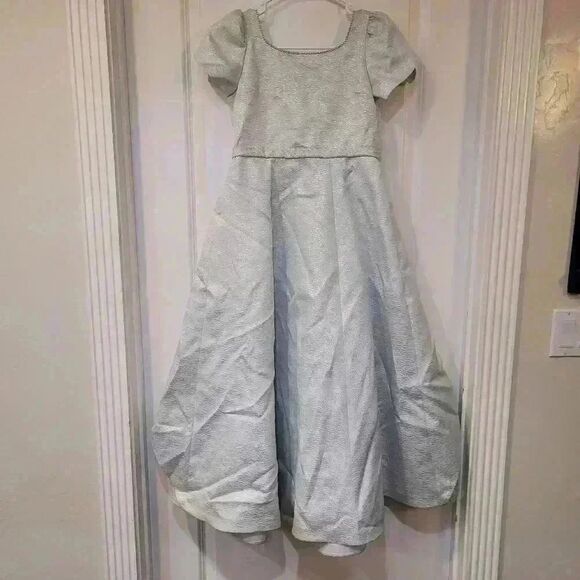 𝅺Girl's Vintage Ice Blue & Silver Acetate Jacquard Satin w Tulip Short Sleeves - Picture 2 of 16